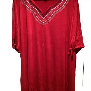 Catherines Size 4X (30-32 W) Womens Top Red Embroidered Tunic Shirt Top